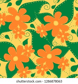 Cute floral pattern, hand drawn elements, colorful flowers and leaves. Garden theme vector seamless pattern.
