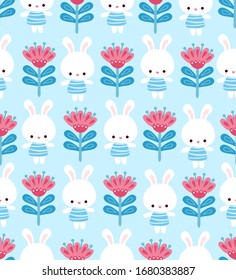 Cute floral pattern with a hare on a blue background. Vector seamless illustration with animal in a children's style.
