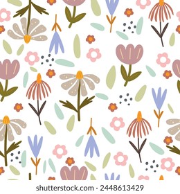 Cute floral pattern with leaves and flowers, seamless pattern on white background. Vector illustration.