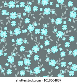 Cute Floral pattern in the little flower. Blue flowers on a dark background. Vintage. Textile.