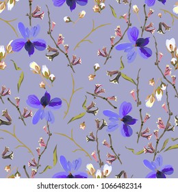 Cute floral pattern in many varieties of wildflowers and violets. Botanical motifs are scattered randomly. Seamless vector texture for fashion prints. Print on a lilac background.