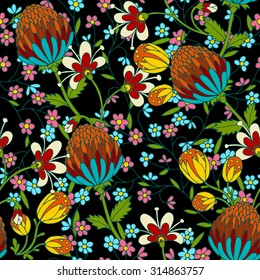 Cute Floral pattern with meadow flowers, vintage style background, ornamental vector wallpaper, creative fashion seamless, beautiful fabric, wrapping paper, colorful  layout for design