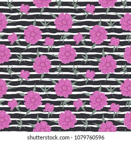 Cute floral pattern on a striped background. Seamless sample with pink flowers and green leaves. It can be used for packing of gifts, registration of notebooks, fabrics, wallpapers. Vector 