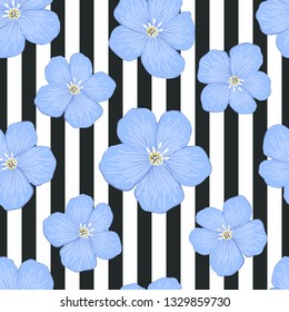 Cute floral pattern on a striped background. Seamless sample with large blue flowers on a black and white background. Vector illustration.