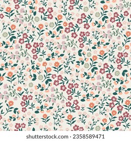 Patrón floral lindo de flores anaranjadas, rojas, violetas y verdes con tallos y hojas verdes. Textura vectorial sin inconvenientes. Una plantilla elegante para impresiones de moda. Fondo claro.
