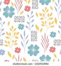 Cute floral pattern with pastel colours. Scandinavian print design. Vector illustration.