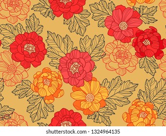 Cute floral pattern in the peony flowers. Ditsy print. Motifs scattered random. Seamless vector texture. Elegant template for fashion prints. Printing with small red and yellow flowers.