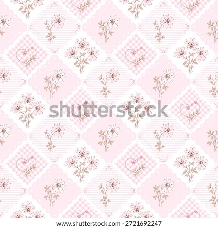 Cute floral pattern in pink color. Small pink flowers on Stripe, Gingham background. Daisy floral seamless pattern. Pretty cottagecor print. Surface design for fashion, fabric, wallpaper, textile