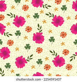 Cute floral pattern in pink flowers. Seamless vector texture. Elegant template for fashion print. light yellow background