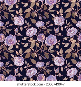 Cute floral pattern of pink, purple roses flowers. Seamless print with garden flowers on dark blue background. Vintage collection. Stock vector illustration, print