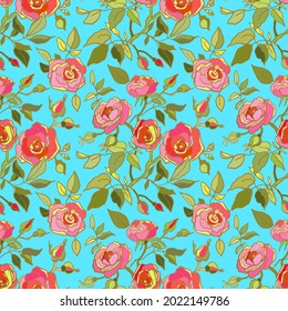 Patrón floral lindo de flores rosadas y rojas. Impresión perfecta con flores de jardín sobre fondo verde claro. Colección de vintage. Ilustración vectorial de stock, impresión