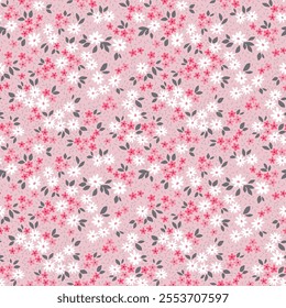 Cute floral pattern. Pretty flowers on light pink background. Printing with small white flowers. Ditsy print. Seamless vector texture. Spring bouquet. Vintage template for fashion prints. Stock vector