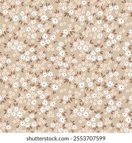 Cute floral pattern. Pretty flowers on gray beige background. Printing with small white flowers. Ditsy print. Seamless vector texture. Spring bouquet. Vintage template for fashion prints. Stock