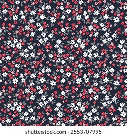 Cute floral pattern. Pretty flowers on violet background. Printing with small white and red flowers. Ditsy print. Seamless vector texture. Spring bouquet. Vintage template for fashion prints. Stock