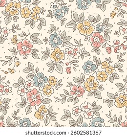 Cute floral pattern. Pretty flowers on white background. Printing with small pastel flowers. Ditsy print. Seamless vector texture. Spring bouquet. Vintage template for fashion prints. Stock vector