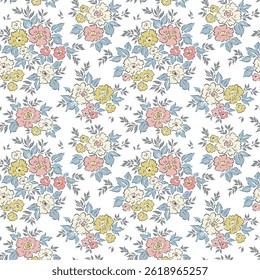 Cute floral pattern. Pretty flowers on white background. Printing with small pastel flowers. Ditsy print. Seamless vector texture. Spring bouquet. Vintage template for fashion prints. Stock vector