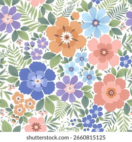 Cute floral pattern. Pretty flowers on white background. Printing with small pastel natural flowers. Liberty print. Seamless vector texture. Spring bouquet. Vintage template for fashion prints. Stock 