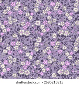 Cute floral pattern. Pretty flowers on gray purple background. Printing with small ivory and pink flowers. Ditsy print. Seamless vector texture. Spring bouquet. Vintage template prints. Stock delicate