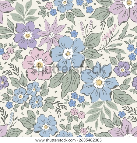Cute floral pattern. Pretty flowers on white background. Printing with small pastel lilac flowers. Ditsy print. Seamless vector texture. Spring bouquet. Vintage template for fashion prints. Stock 