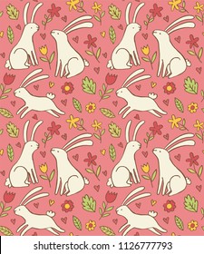 Cute floral pattern with rabbits. Doodle vector seamless background with bunnies, flowers and leaves.
