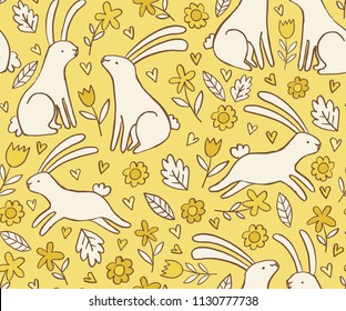 Cute floral pattern with rabbits. Doodle vector seamless background with bunnies, flowers and leaves. Baby, child design. 