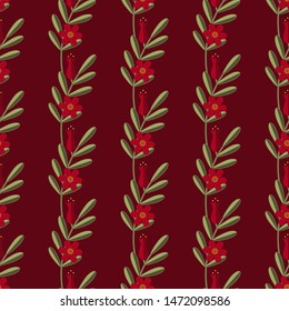 Cute floral pattern with red flowers. Abstract flat pomegranate flower. Nature ornament vector illustration on red background