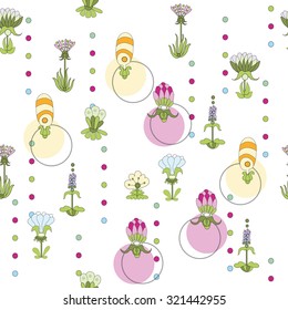 Cute floral pattern in retro style. Vertical striped background with decorative floral elements.

