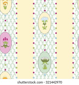 Cute floral pattern in retro style. Vertical striped background with decorative floral elements.
