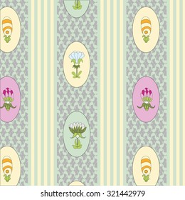 Cute floral pattern in retro style. Vertical striped background with decorative floral elements.
