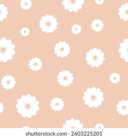 Cute floral pattern with scattered white daisies on beige background. Abstract geometric flower silhouette. Pattern for stationery, fashion prints, greeting cards, wallpaper, home decor
