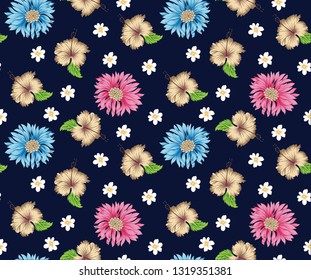 Cute Floral pattern with seamless flower on navy 