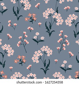 Cute floral pattern. Seamless print with small wildflowers. Template for textile design, cards, gift wrappings.