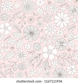 Cute floral pattern. Seamless vector background with flowers, leaves and branches. 