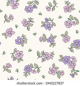 Cute floral pattern. Seamless vector pattern. Elegant template for fashion prints. Small mauve flowers for print. White background. Stock vector.