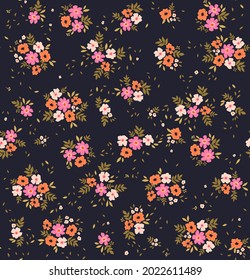 Cute floral pattern. Seamless vector pattern. Elegant template for fashion prints. Small white, rose and orange flowers. Dark violet background. Summer and spring motifs. Stock vector.