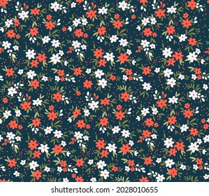 Cute Floral Pattern. Seamless Vector Pattern. Elegant Template For Fashion Prints. Small White  And Red Flowers. Navy Blue Background. Summer And Spring Motifs. Stock Vector.