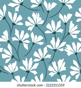 Cute floral pattern. Seamless vector texture. An elegant template for fashionable prints. Print with white  flowers . blue  background.