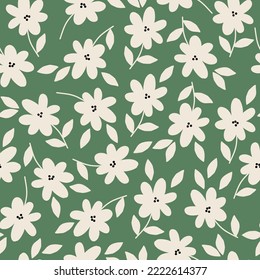 Cute floral pattern. Seamless vector texture. An elegant template for fashionable prints. Print with white flowers and leaves . green background.