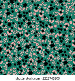 Cute floral pattern. Seamless vector texture. An elegant template for fashionable prints. Print with small pink and black  flowers, leaves . green  background.