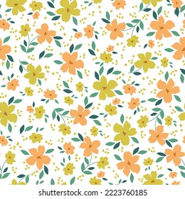 Cute floral pattern. Seamless vector texture. An elegant template for fashionable prints. Print with yellow and orange  flowers ,green leaves. white background.