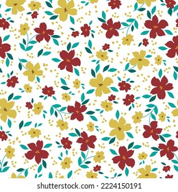 Cute floral pattern. Seamless vector texture. An elegant template for fashionable prints. Print with yellow and red flowers, green leaves. white background.