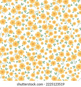 Cute floral pattern. Seamless vector texture. An elegant template for fashionable prints. Print with yellow flowers and green leaves. white background.