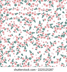 Cute floral pattern. Seamless vector texture. An elegant template for fashionable prints. Print with small pink flowers and green leaves. white background.