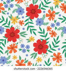 Cute floral pattern. Seamless vector texture. An bright  template for fashionable prints. Print with red and blue flowers,green leaves. white  background.