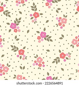 Cute floral pattern. Seamless vector texture. An elegant template for fashionable prints. Print with pink flowers, gold leaves and dots. light  background.