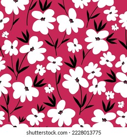Cute floral pattern. Seamless vector texture. An elegant template for fashionable prints. Print with white flowers . black  leaves. pink background.