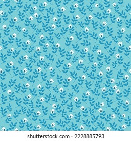 Patrón floral lindo. Textura vectorial sin inconvenientes. Una plantilla elegante para impresiones de moda. Impresión con flores blancas pequeñas . hojas azules. fondo azul claro.