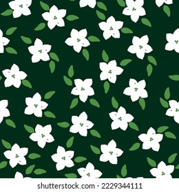 Cute floral pattern. Seamless vector texture. An elegant template for fashionable prints. Print with white flowers . green   leaves. dark green background.