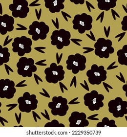 Patrón floral lindo. Textura vectorial sin inconvenientes. Una plantilla elegante para impresiones de moda. Impresión con flores y hojas negras. fondo dorado.