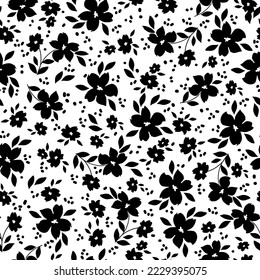 Cute floral pattern. Seamless vector texture. An elegant template for fashionable prints. Print with black flowers and  leaves, dots. white background.